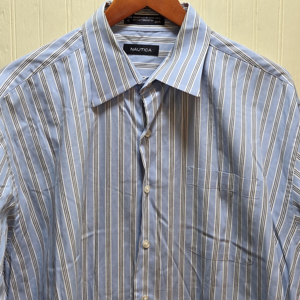 Nautica Dress Shirt Mens 17 34/35 Blue Stripe Regular Fit Cotton‎ Long Sleeve